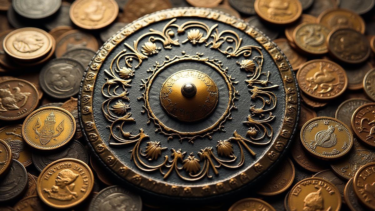 Escudo vikingo con diseños intrincados y monedas
