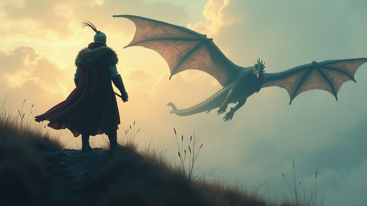 Guerrero vikingo con un dragón al fondo