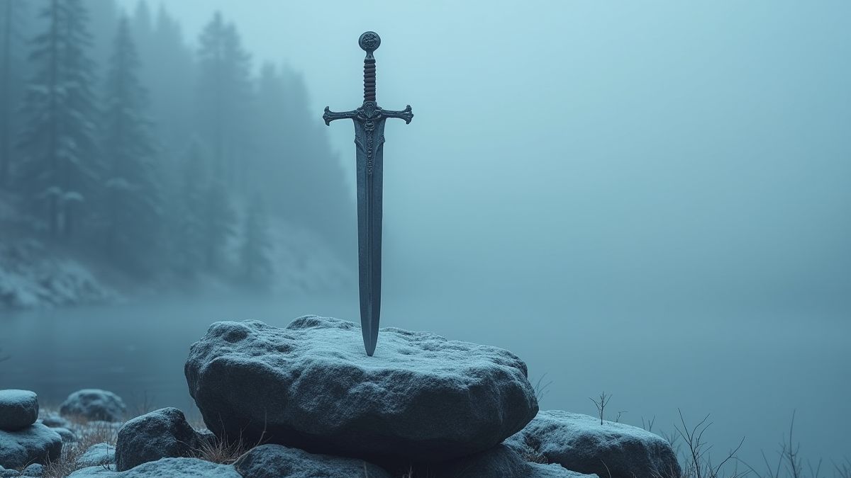 Medieval sword on a stone in a snowy landscape