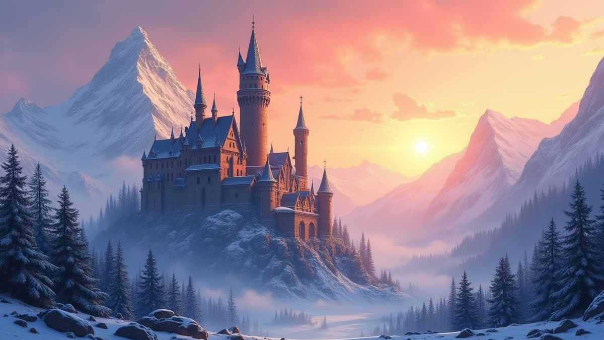 Medieval castle among snowy mountains at sunset