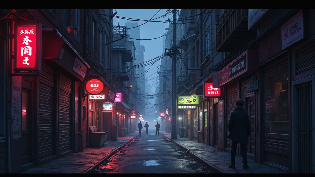 Una ciudad urbana con luces de neón y figuras sombrías en los callejones.