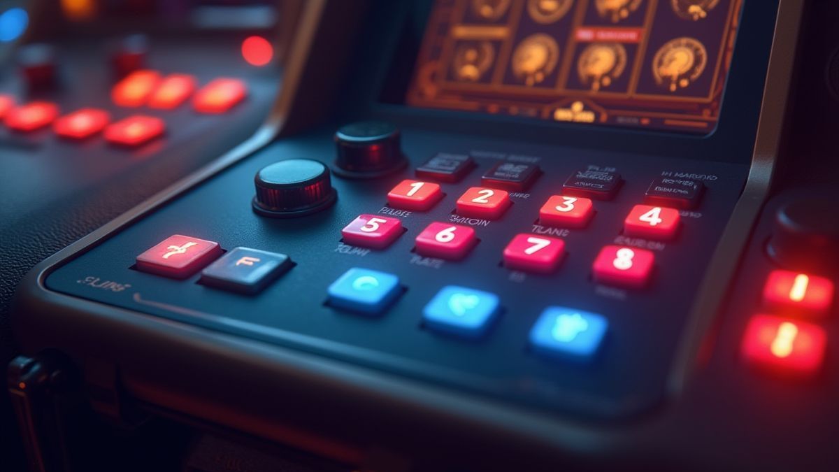 Panel de control animado con botones intermitentes y una interfaz de máquina tragamonedas.