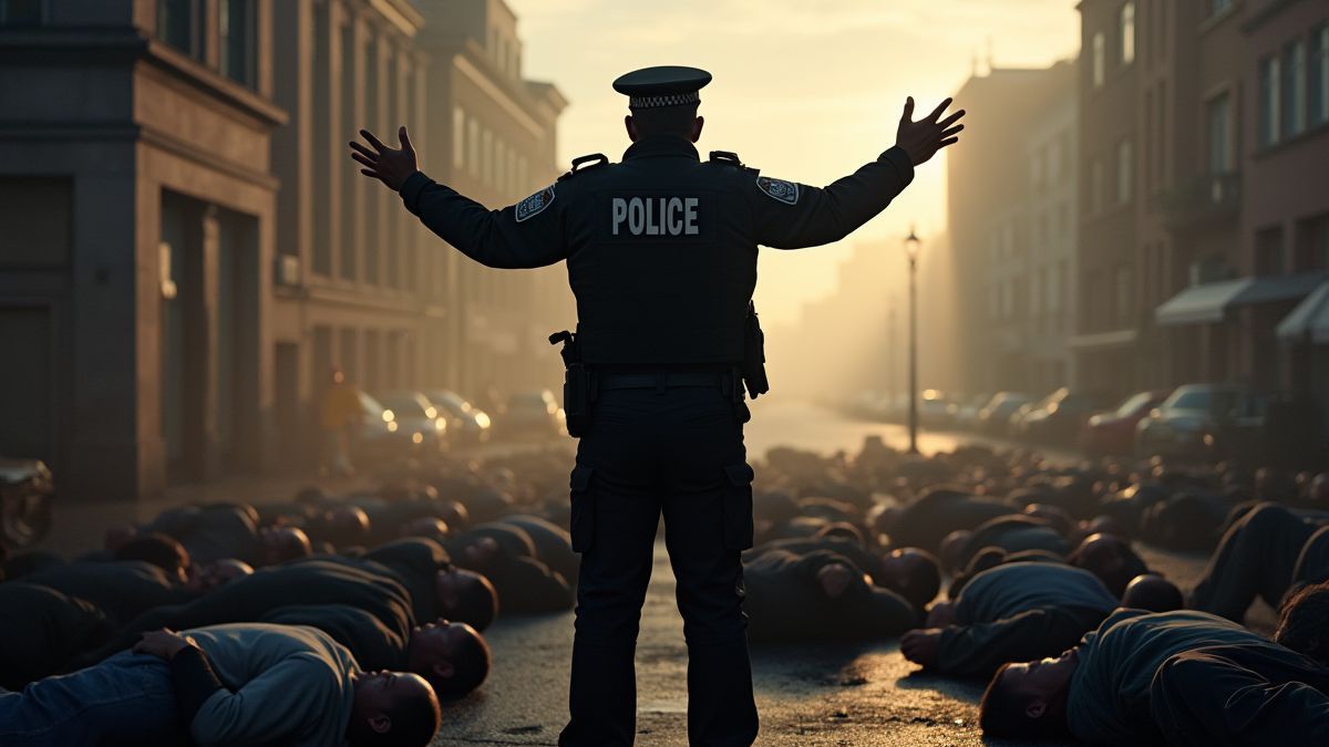 Escena dramática con un oficial de policía triunfante sobre criminales sometidos.