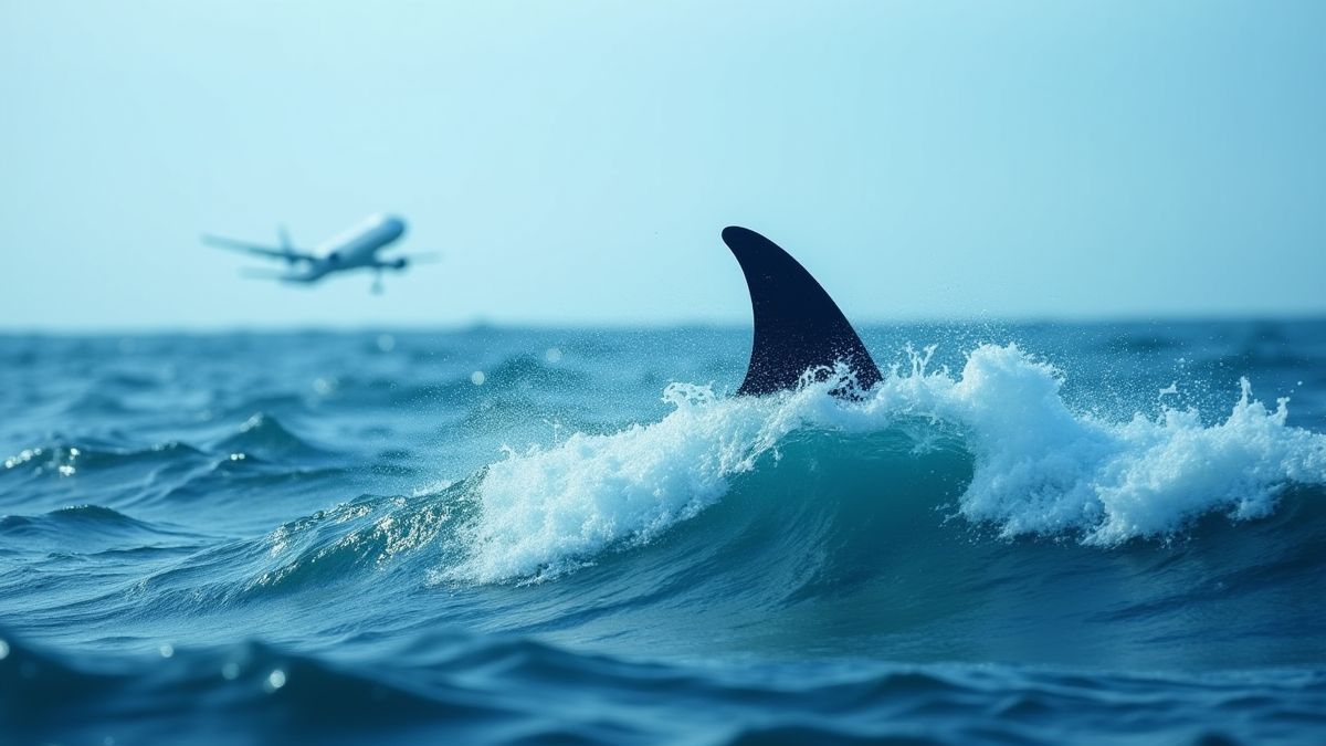 Een oceaan met een haai en een vliegtuig in de horizon.
