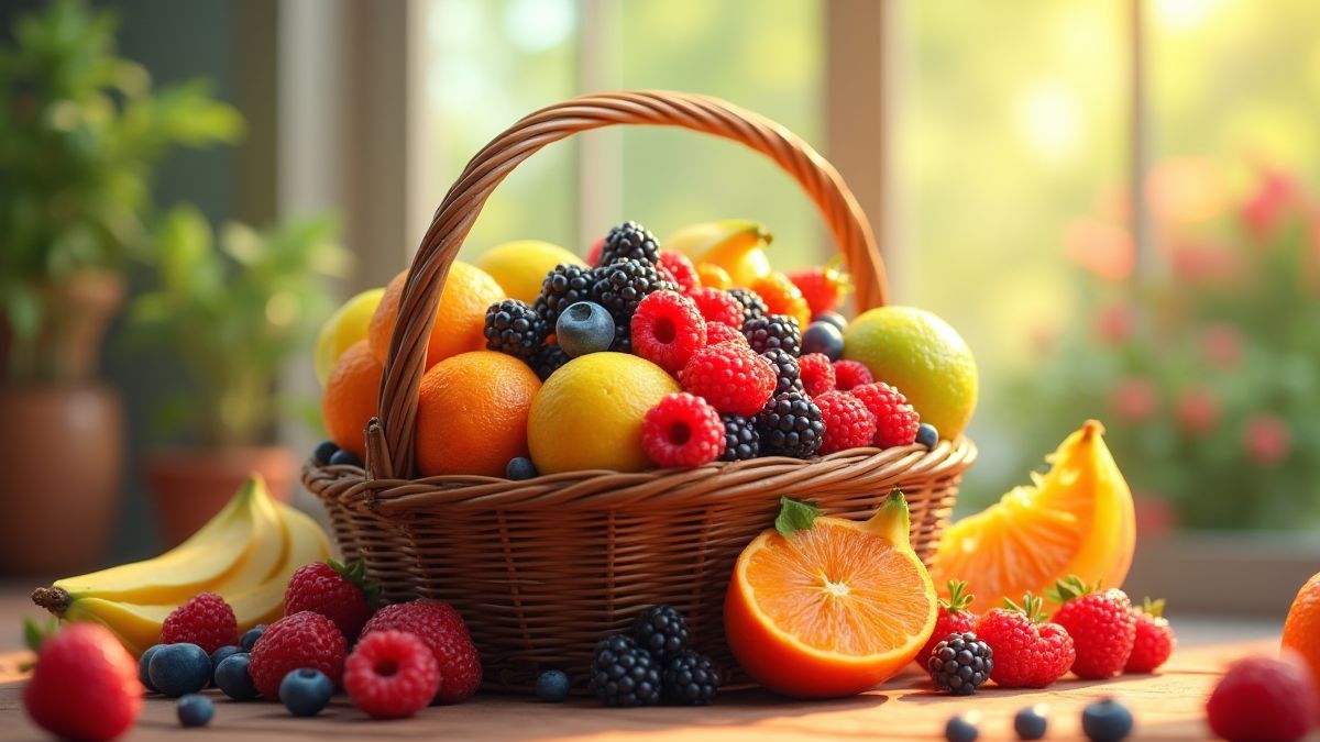 Cesta de frutas llena de bayas y frutas tropicales animadas.