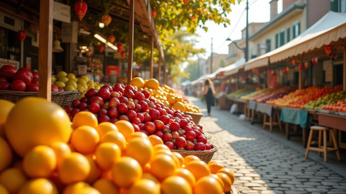 Marché de fruits en plein air sous le soleil avec des paniers remplis de fruits colorés.