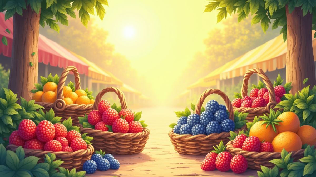 Mercado de frutas colorido com bayas e cestas sob o sol.
