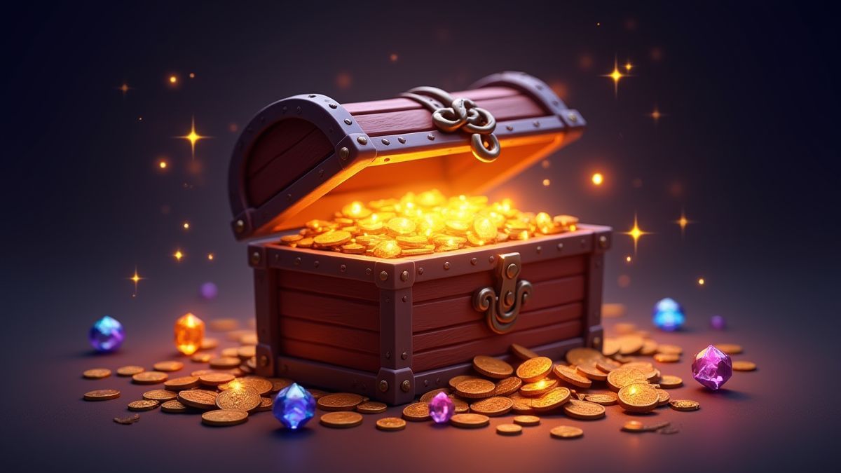 Shiny treasure chest surrounded by gems and coins.