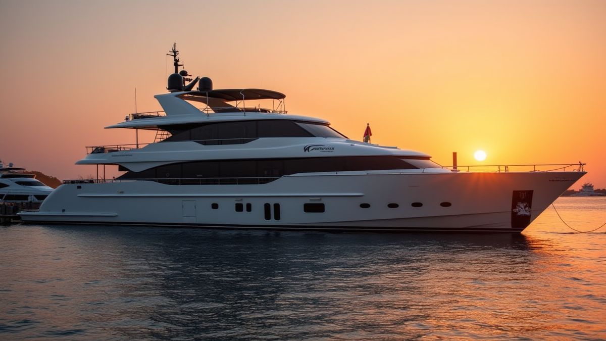 A luxury yacht at sunset, reflected in shimmering waters.