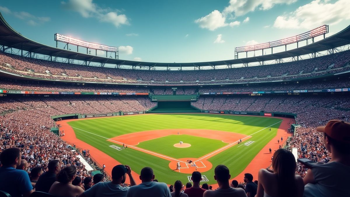 Estadio de béisbol lleno de vida con jugadores en acción.