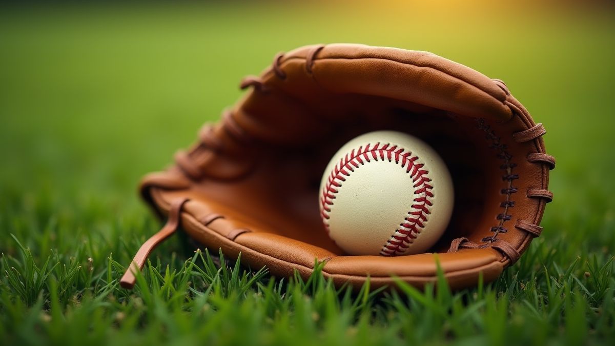 Guante de béisbol con una pelota en un campo de césped.