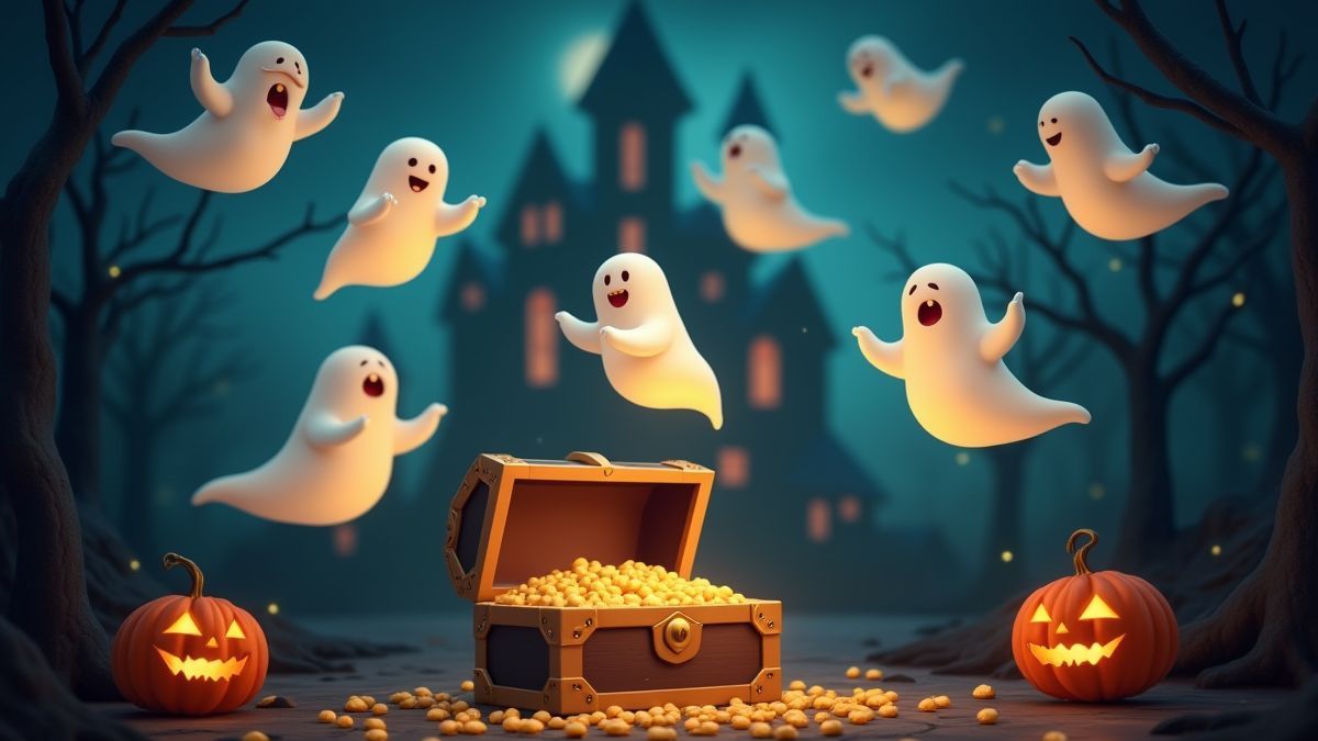Fantasmas juguetones rodeando cofres del tesoro en una mansión encantada.