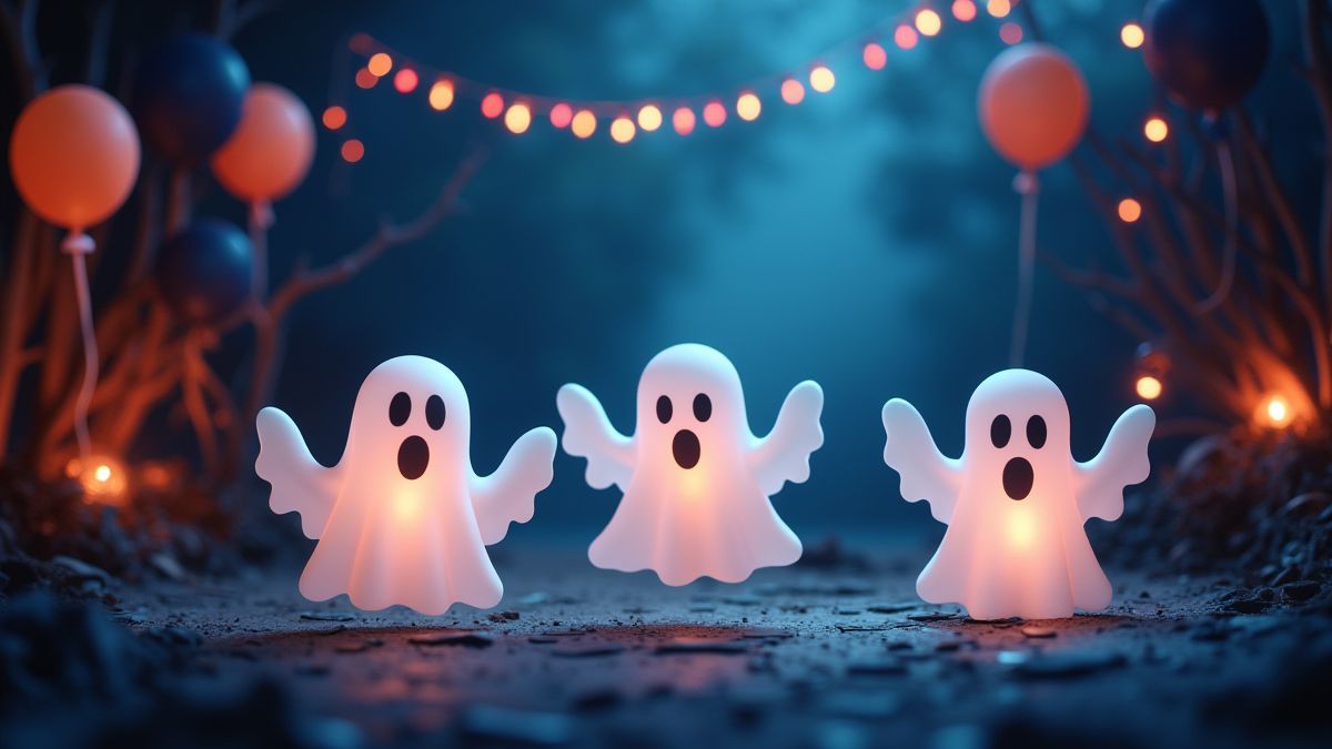 Fiesta de fantasmas con decoraciones brillantes y globos flotantes.