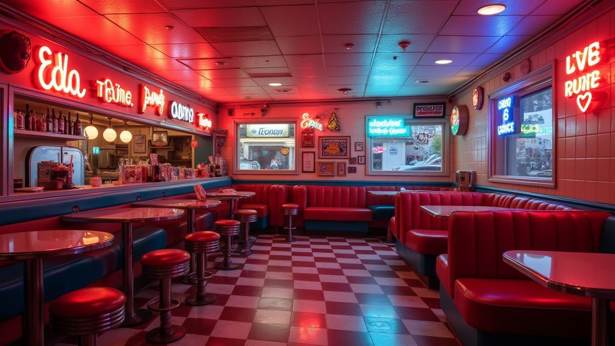 Interior retro de un diner con neones y una máquina de música.