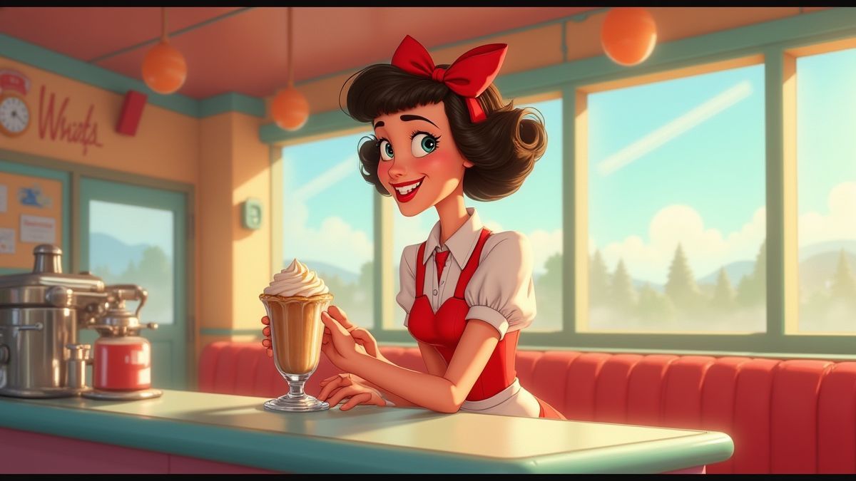Camarera de los años 50 sirviendo batidos en un diner animado.