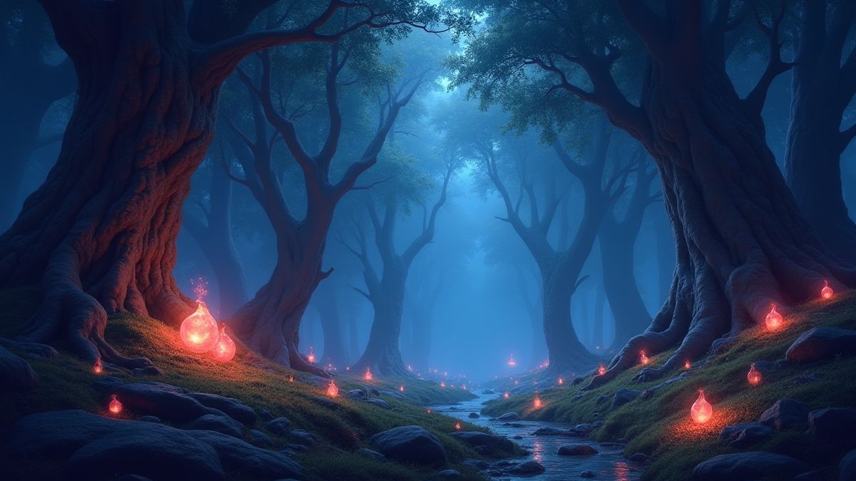 Un bosque encantado lleno de gemas brillantes y criaturas mágicas.