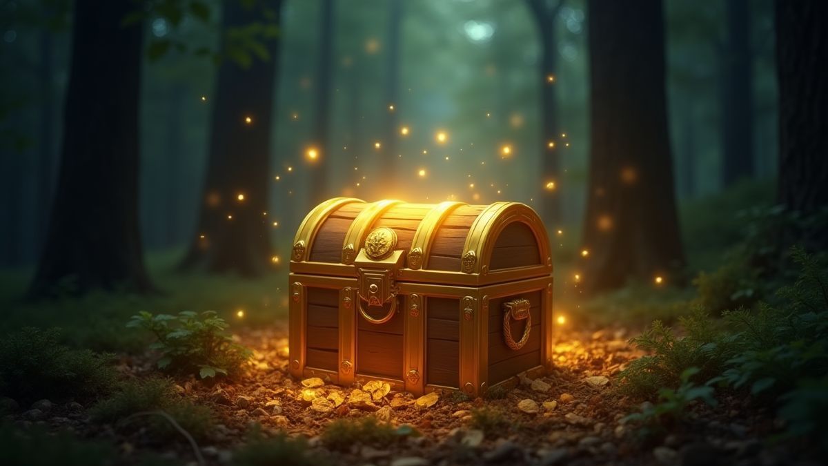 Un cofre del tesoro dorado brillando en un bosque mágico.