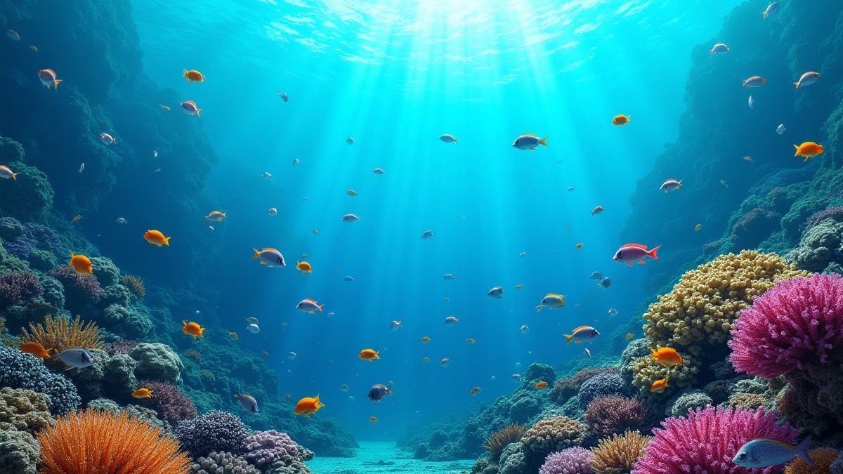 Uma paisagem submarina com arrecifes de coral coloridos e peixes exóticos nadando.