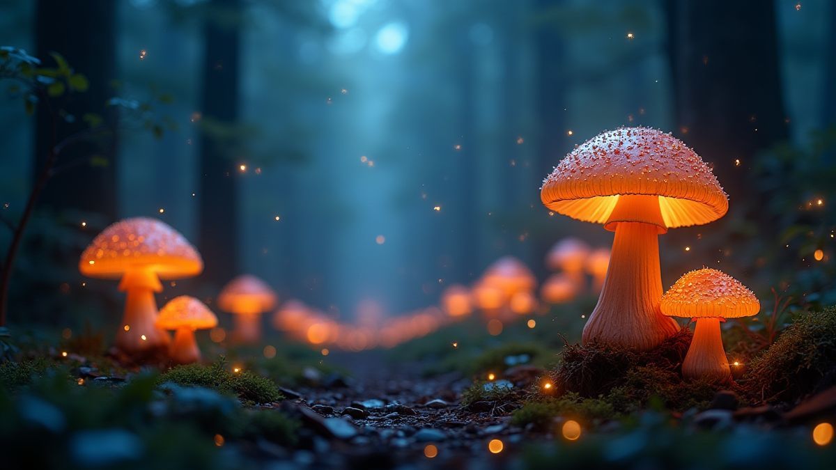 Magischer Wald mit leuchtenden Pilzen und glitzernden Partikeln in der Luft.