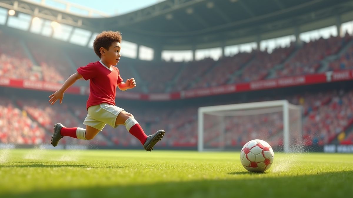 Jugador de fútbol animado anotando un gol espectacular.