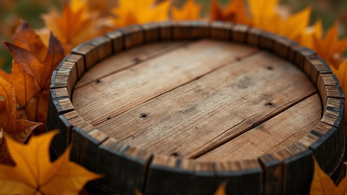 Beer barrel surrounded by autumn leaves.