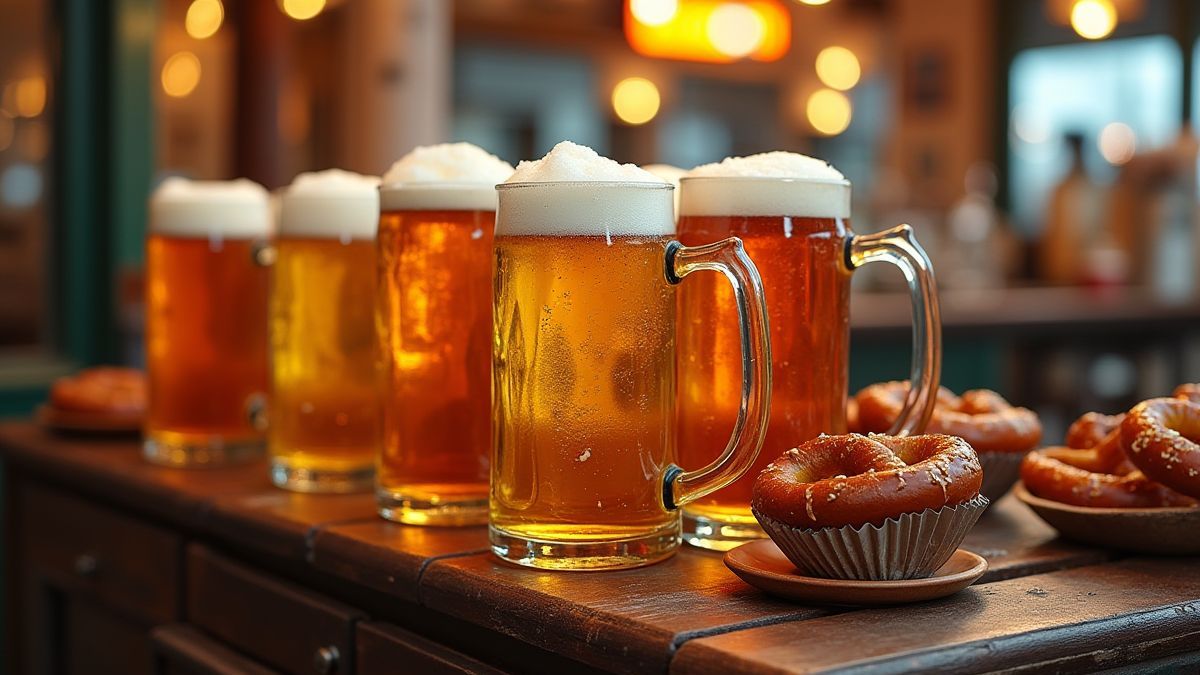 Festive cart filled with beer mugs and pretzels.