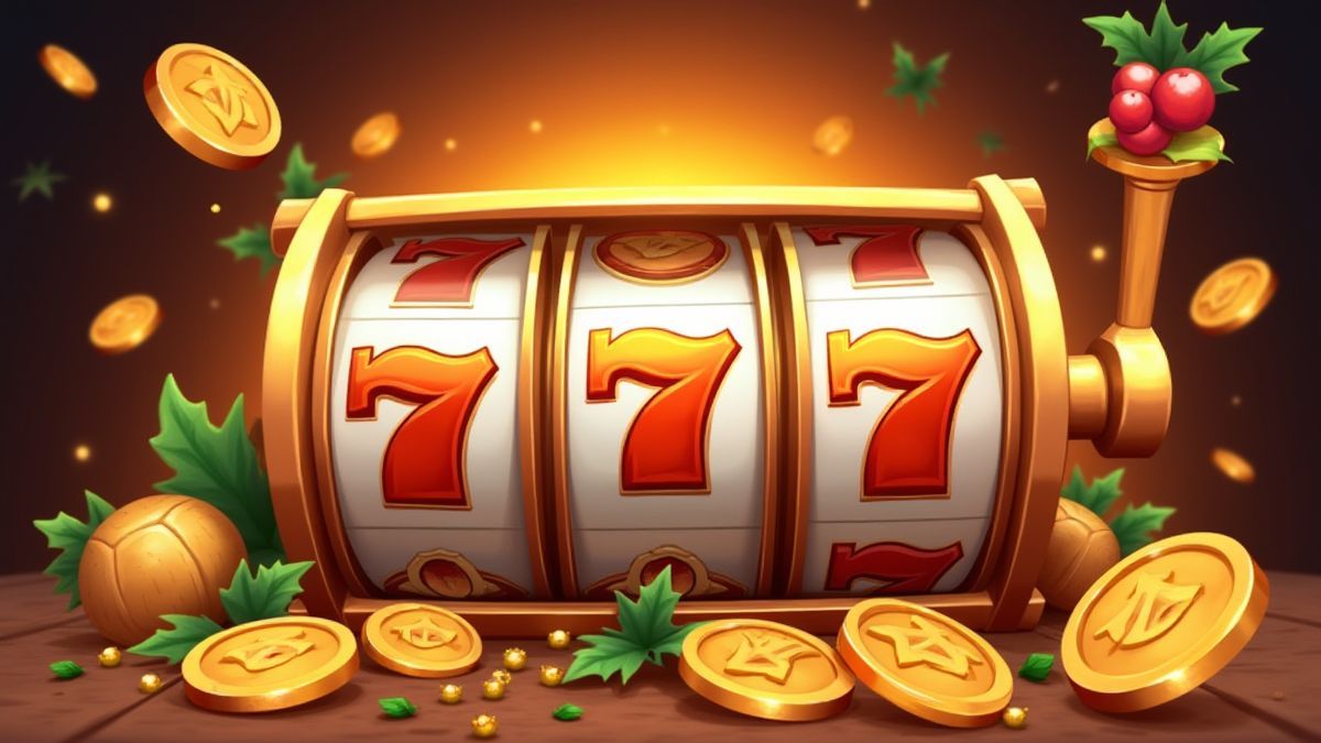 Slot reels with beer symbols and festive decorations.