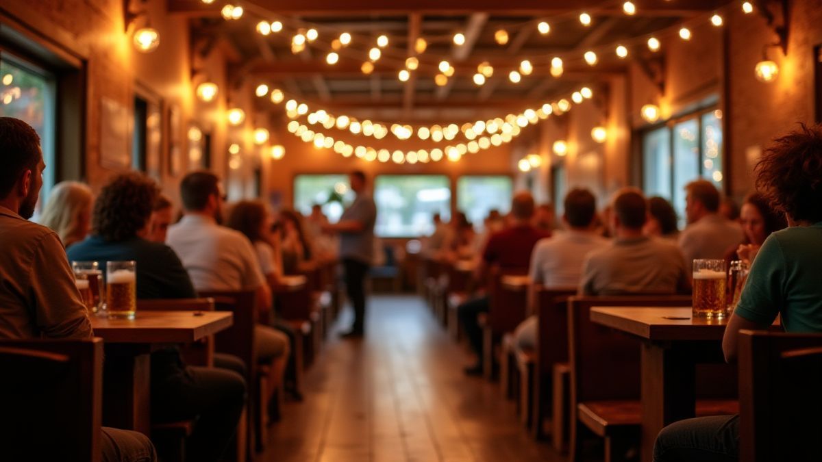 Un salón de cerveza alemán con mesas de madera y gente celebrando con jarras de cerveza.