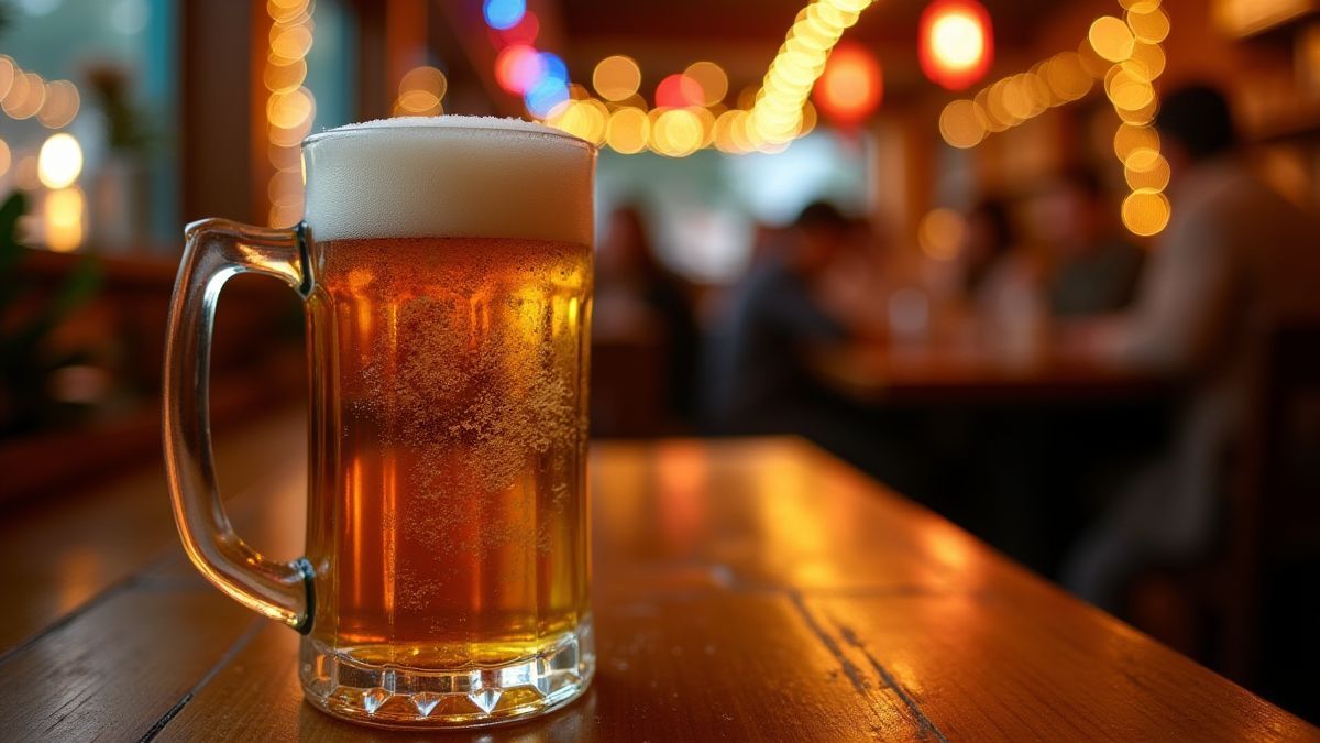 Una jarra de cerveza espumosa sobre una mesa de madera, con un ambiente festivo al fondo.