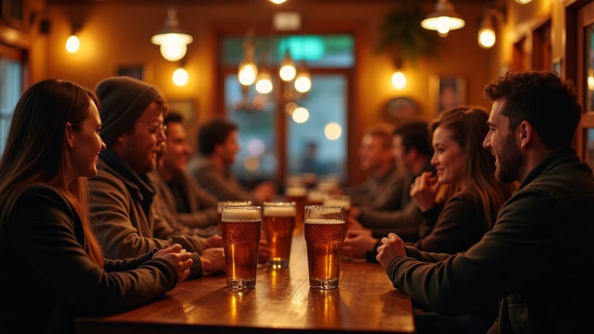 Una escena acogedora de una cervecería con personas disfrutando de bebidas y charlando.
