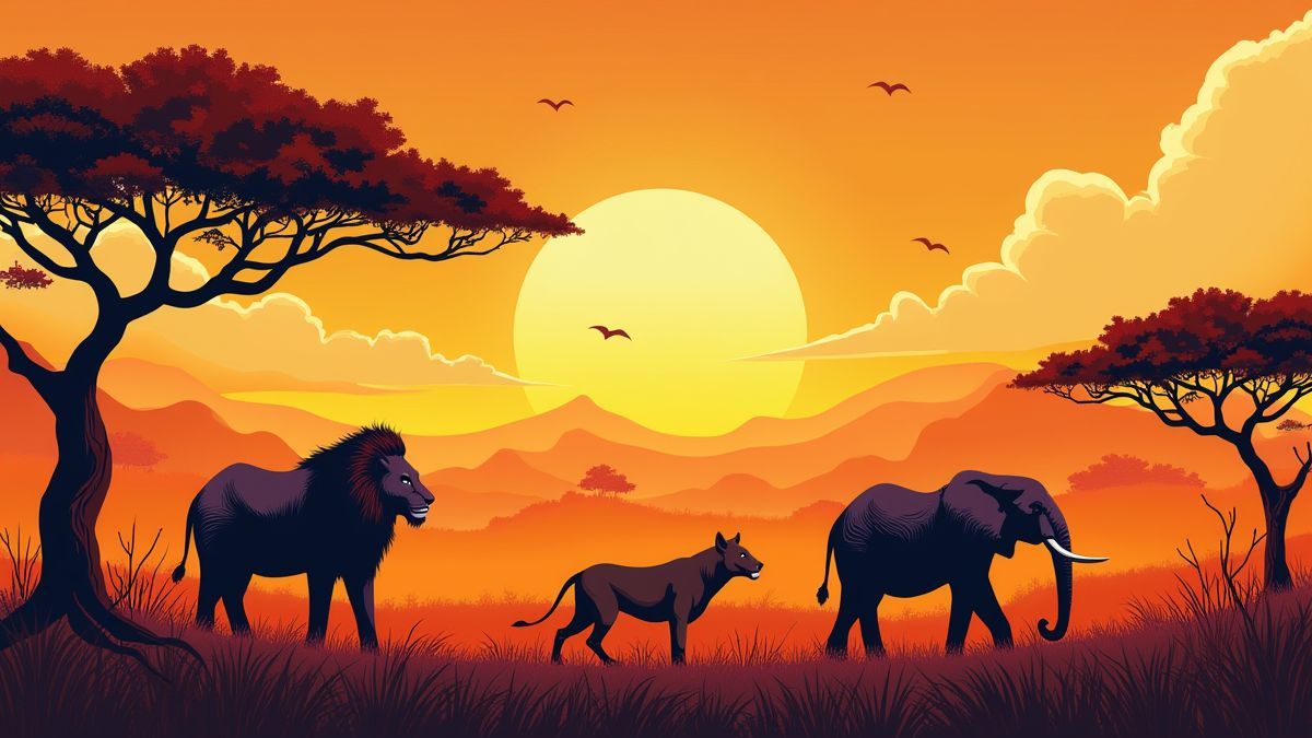 Ilustración vibrante de la sabana africana con un león y un elefante visibles.