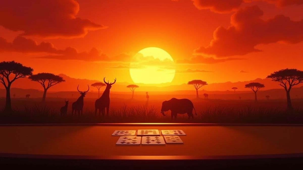 Imagen animada de la sabana africana al atardecer con animales y cartas de blackjack.