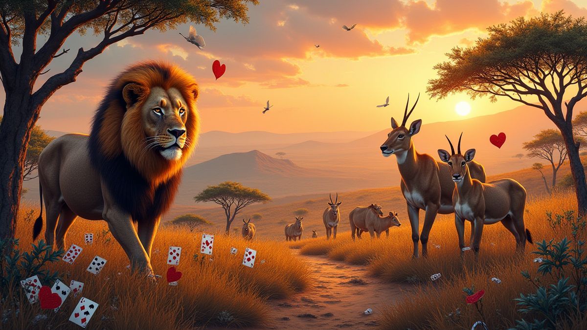 Ilustración detallada de la fauna africana con cartas de blackjack.