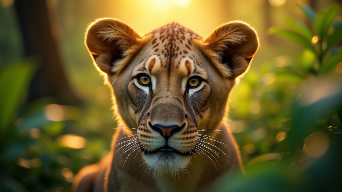 Close-up de un león en una selva iluminada por el sol.