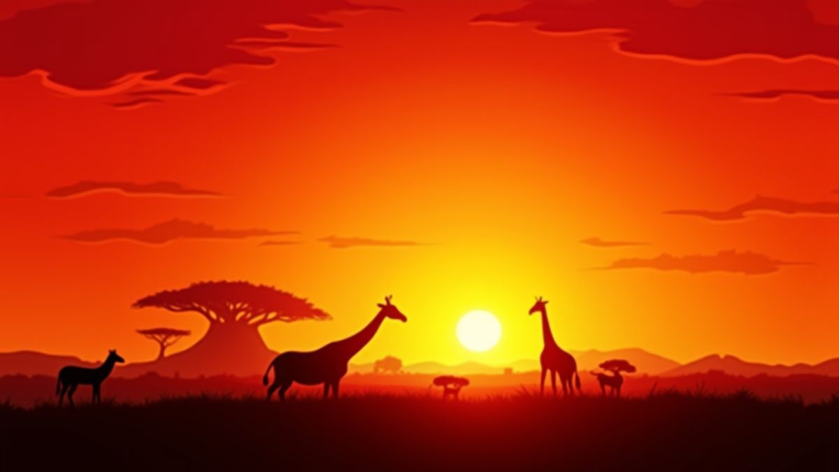 Afrikanischer Sonnenuntergang mit Silhouetten von Giraffen und Zebras.
