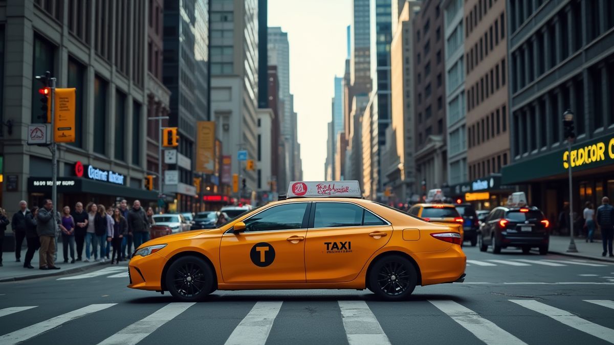 Taxi amarillo clásico de Nueva York en una calle concurrida.