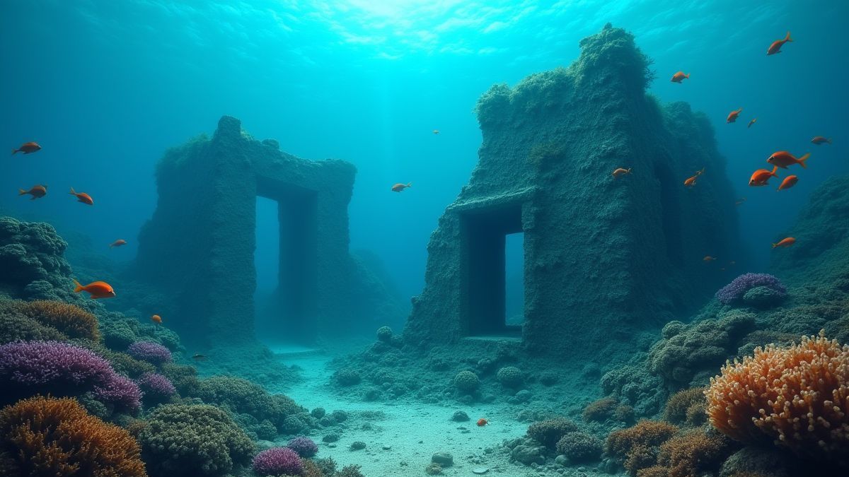 Ruinas submarinas con corales y peces nadando alrededor.