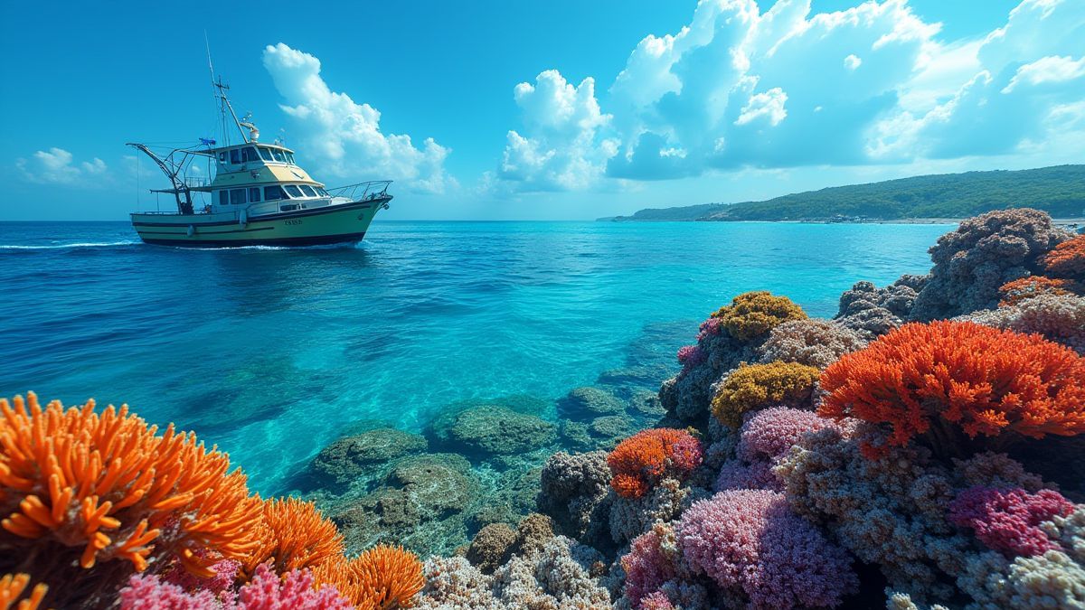 Arrecife de coral vibrante con un barco de pesca al fondo.