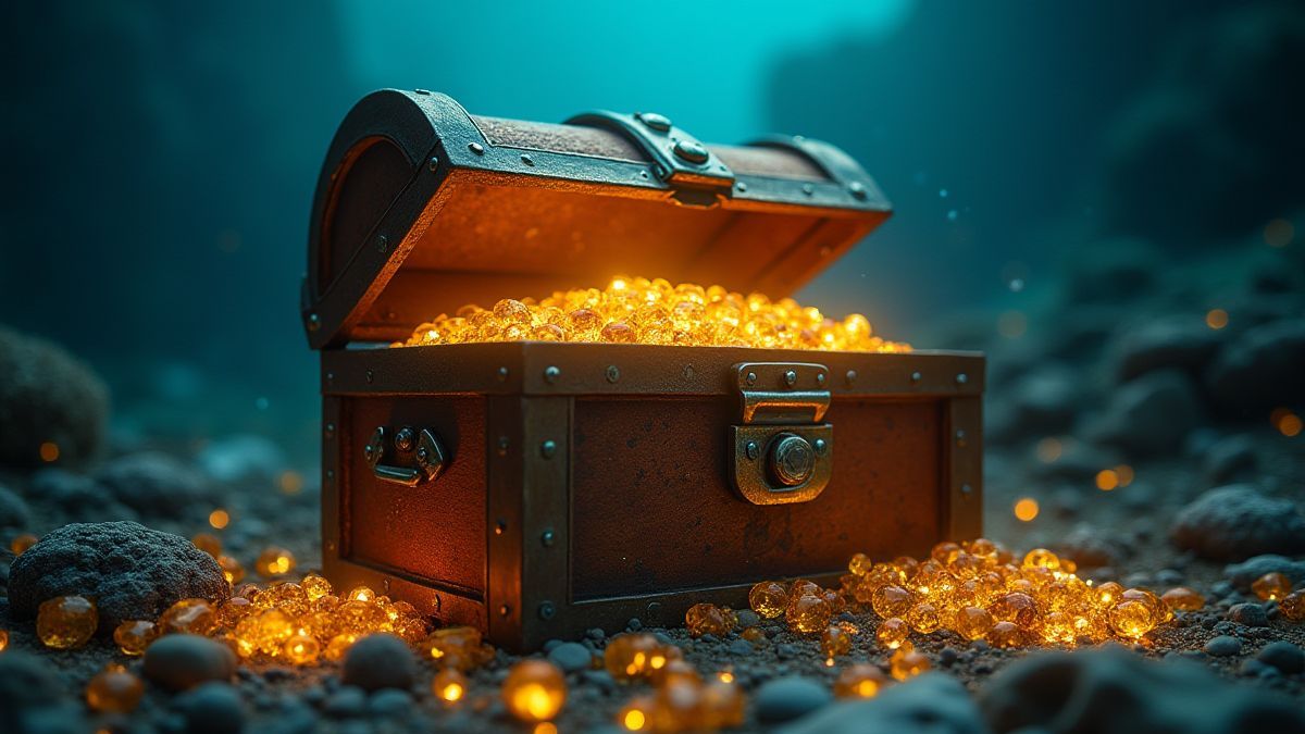 Cofre del tesoro rodeado de oro brillante y joyas bajo el agua.