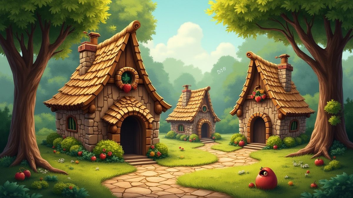 Floresta encantada com casas de palha, madeira e tijolo.