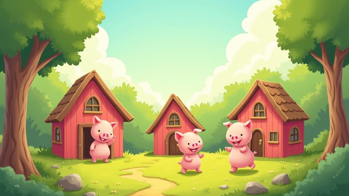 Cochons construisant des maisons dans une forêt ensoleillée.