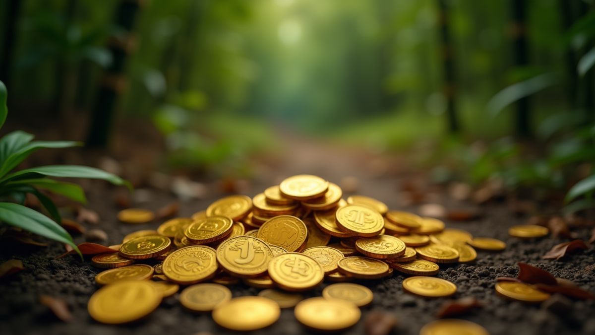 Moedas douradas e folhas de bambu no chão da floresta.