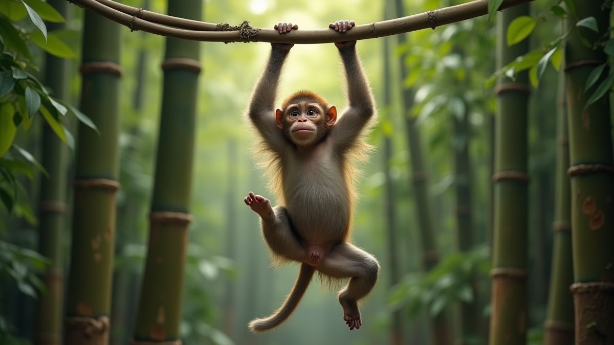 Um macaco brincalhão balançando-se entre as árvores de bambu.