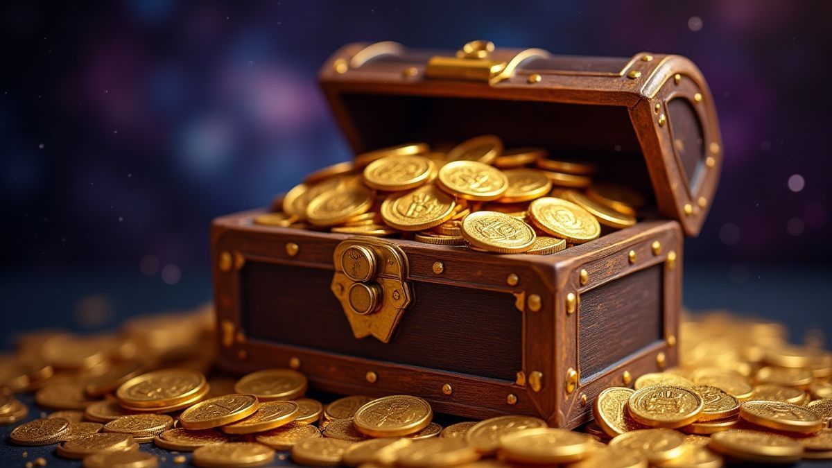 Treasure chest filled with golden coins in a cosmic background.
