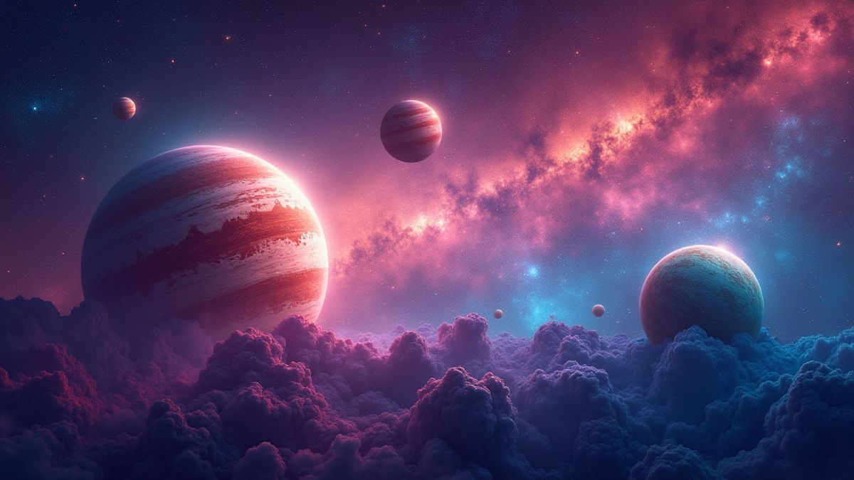 Une galaxie vibrante avec des planètes et des étoiles colorées.
