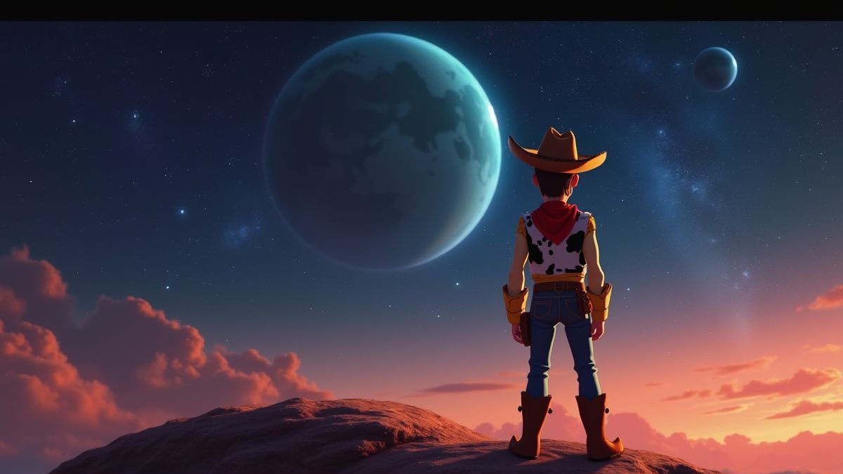 Un cowboy animé sur une planète avec une galaxie en arrière-plan.