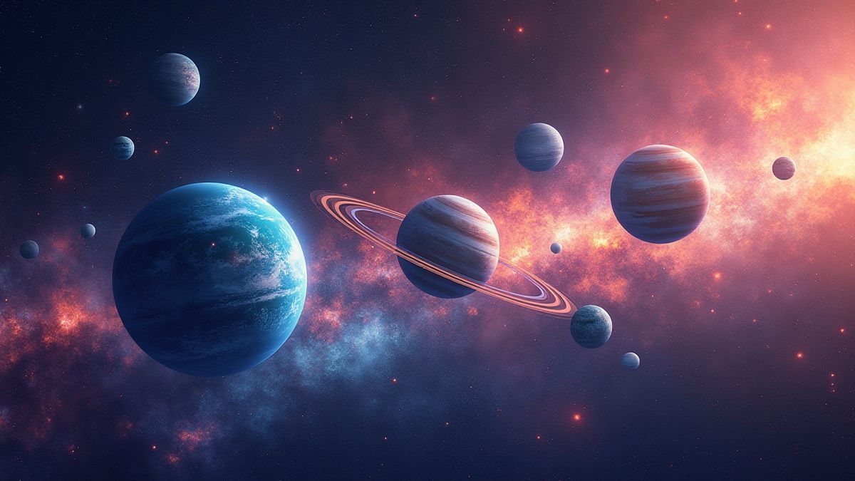 Ilustración de planetas y estrellas en el espacio.