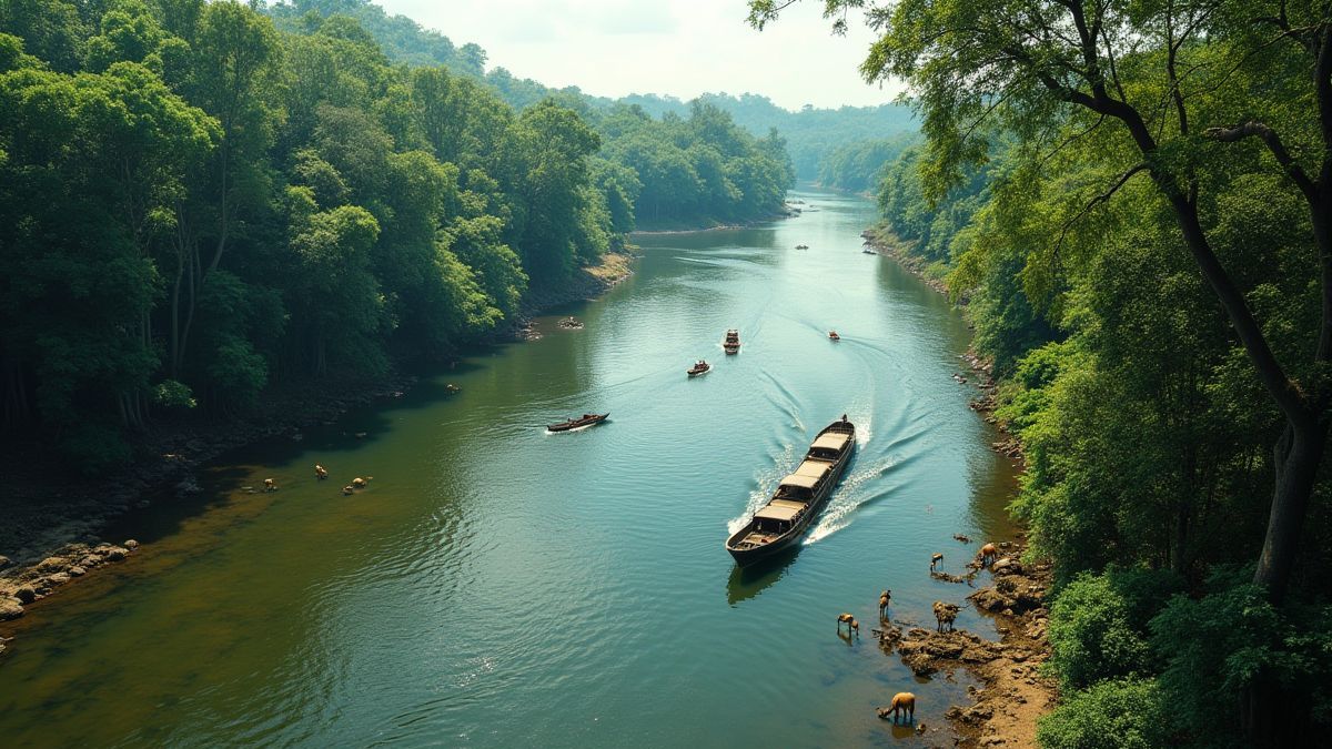 Amazonasfluss mit einem Boot und Dschungeltieren in der Umgebung.