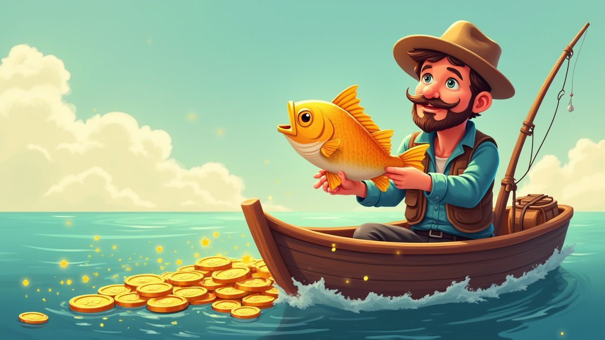 Um pescador segurando um peixe dourado ao lado de moedas brilhantes em um barco.