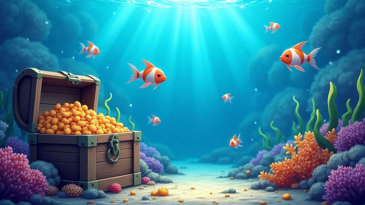 Peixes nadando ao redor de cofres do tesouro debaixo d'água.